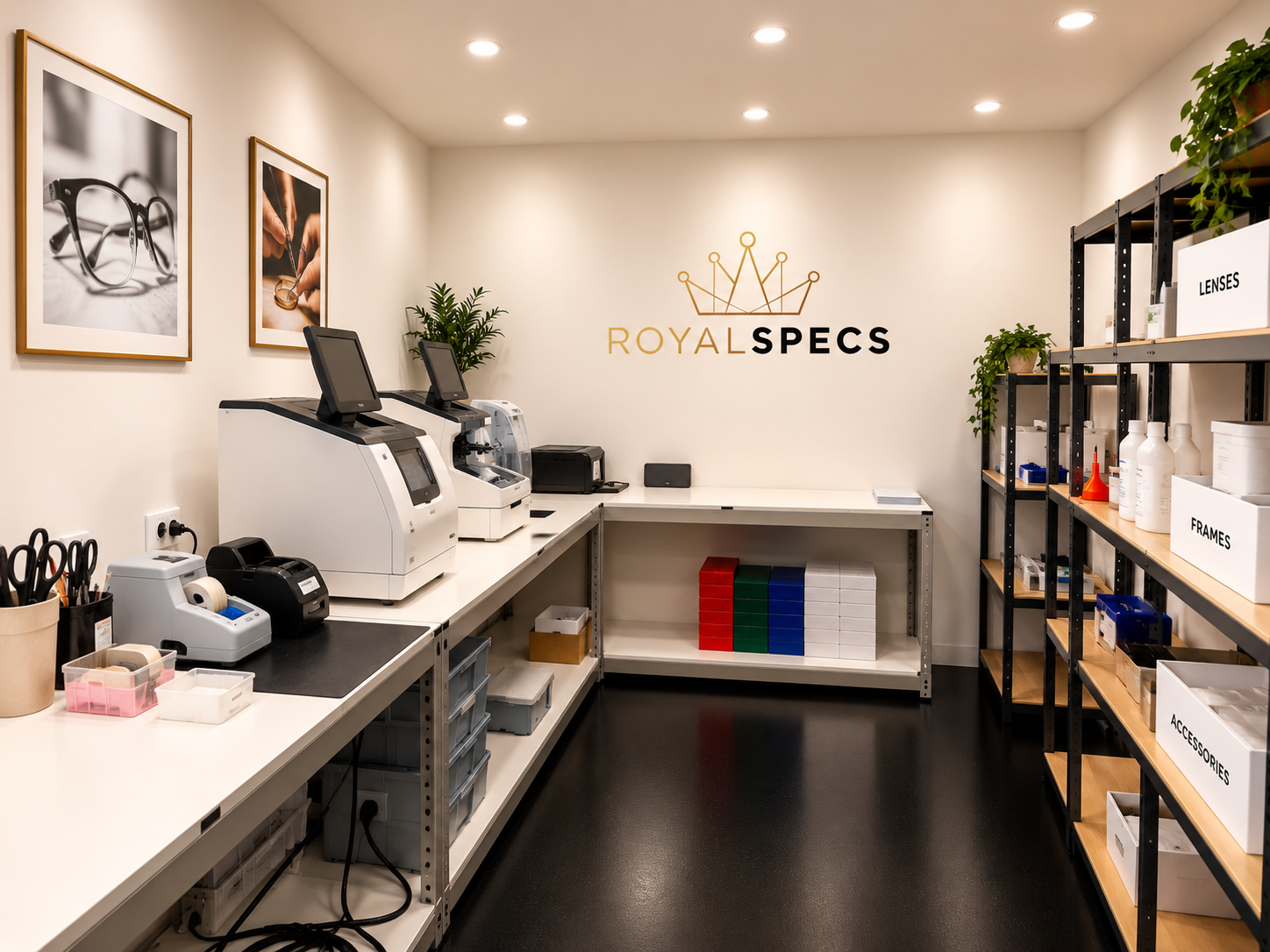 Royal Specs UK optical lab with optical equipment