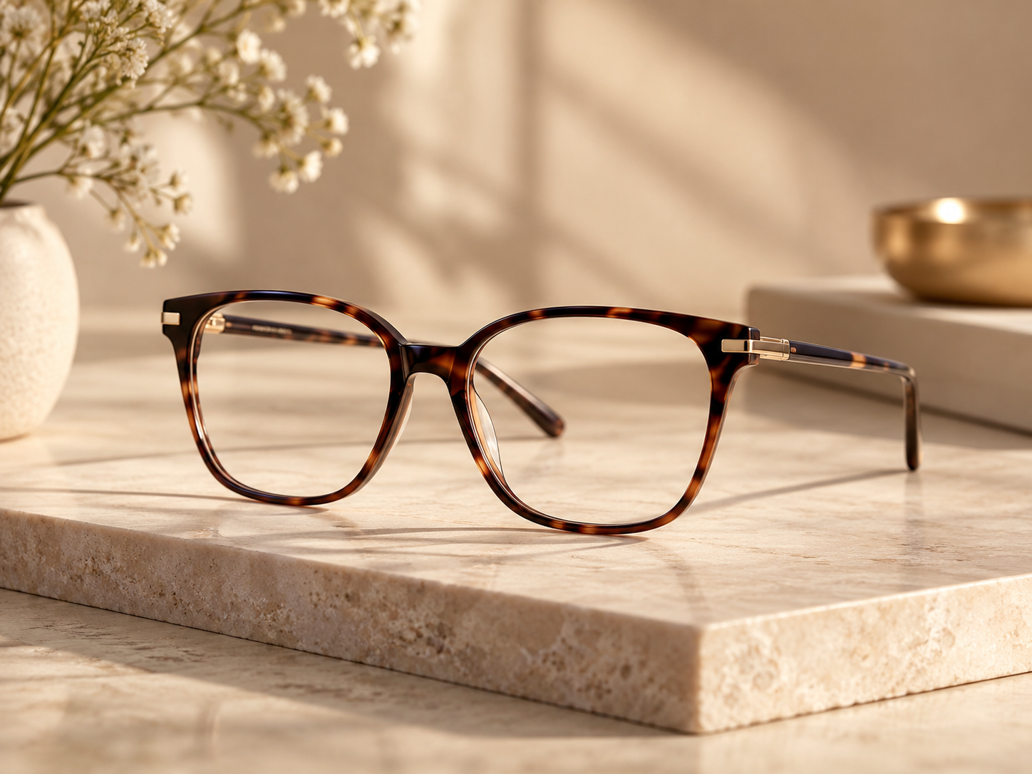 New tortoiseshell glasses displayed on a premium stone surface