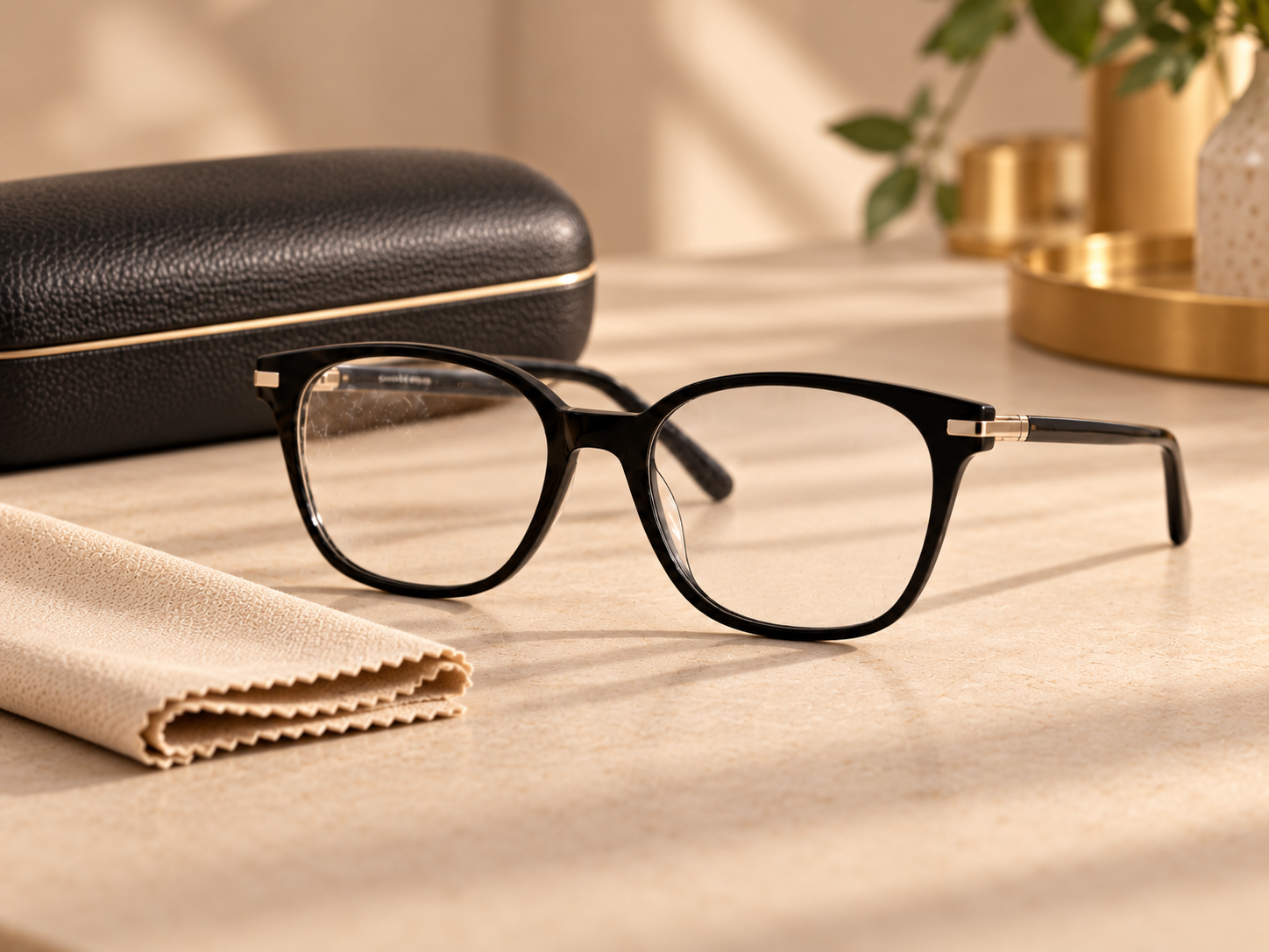 Black glasses beside a protective case and cleaning cloth