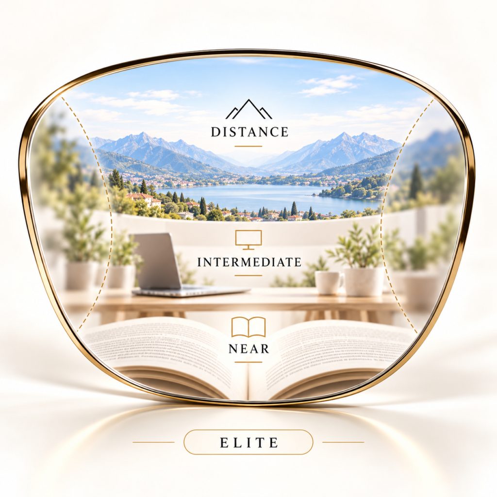Elite varifocal lens showing the widest distance, intermediate and near viewing zones