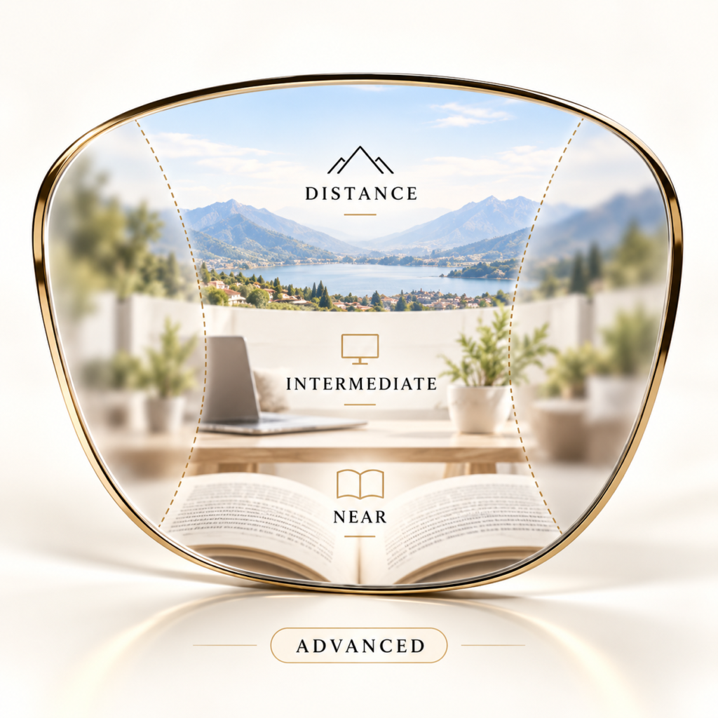 Advanced varifocal lens showing broader distance, intermediate and near viewing zones