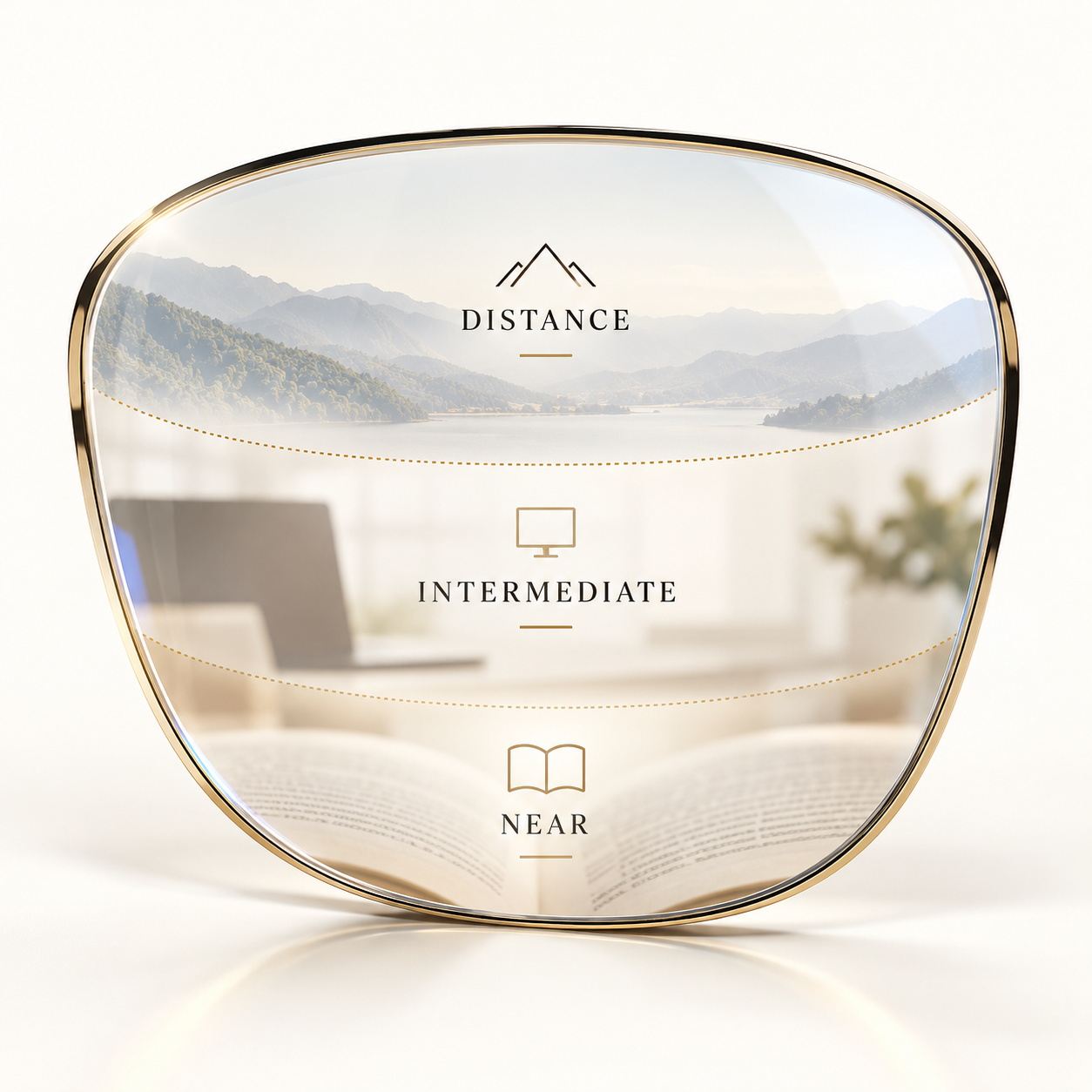 Varifocal lens showing distance, intermediate and near vision zones